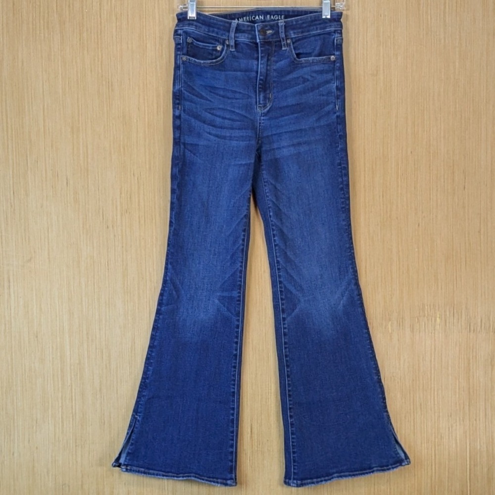 American Eagle Super Hi-Rise Flare Jeans Dark Wash Next Level Stretch‎ 6 Regular